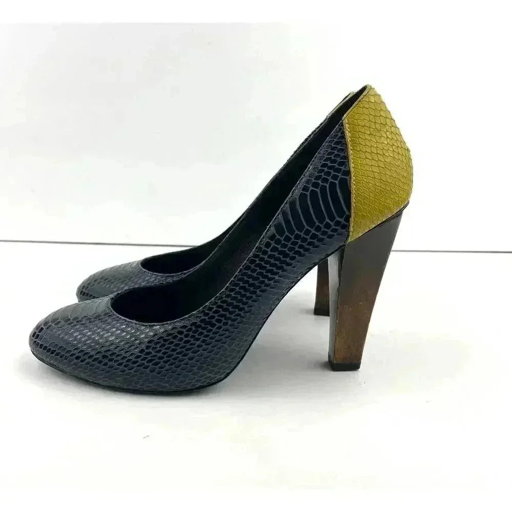 Wooden Heels‎ Pumps Blue Yellow Snake Style 10 7 For All Mankind Women's Leather - Picture 11 of 13